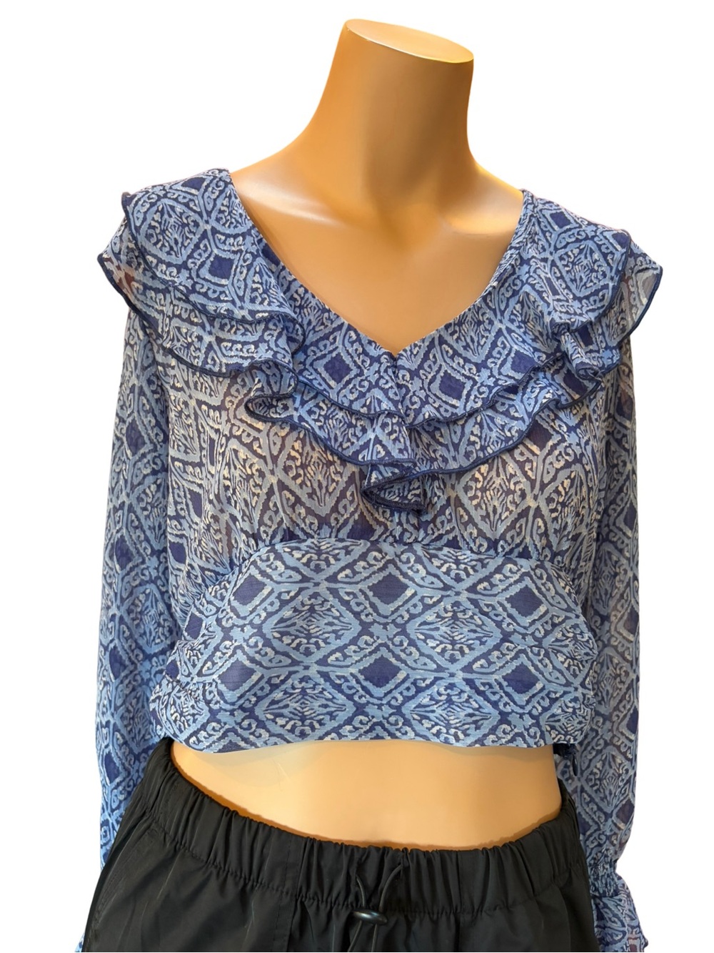 Zara NWT Blue White Mediterranean Print Ruffle Crop Top Small Resort Boho